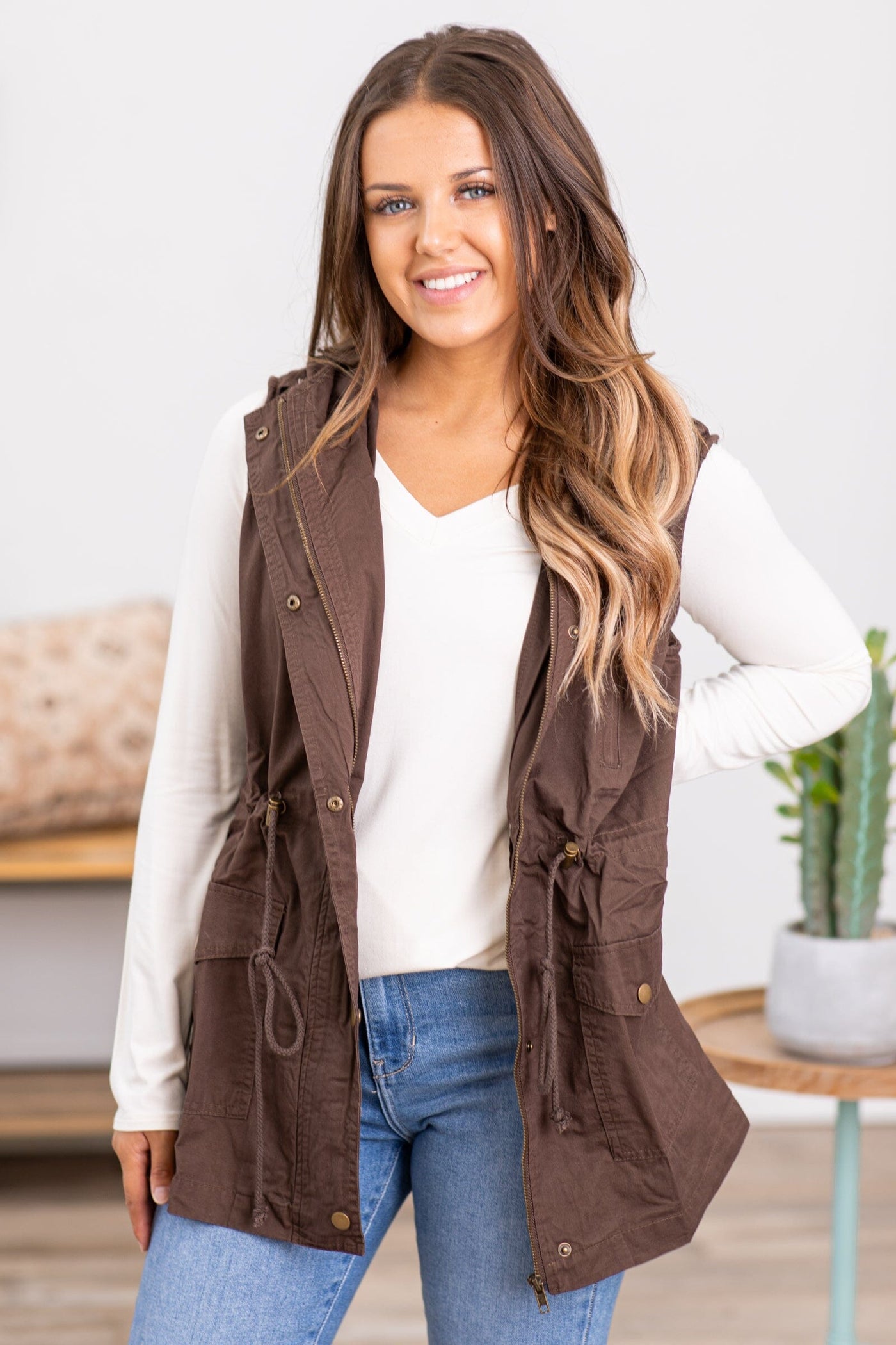 Brown Military Vest With Hood - Filly Flair