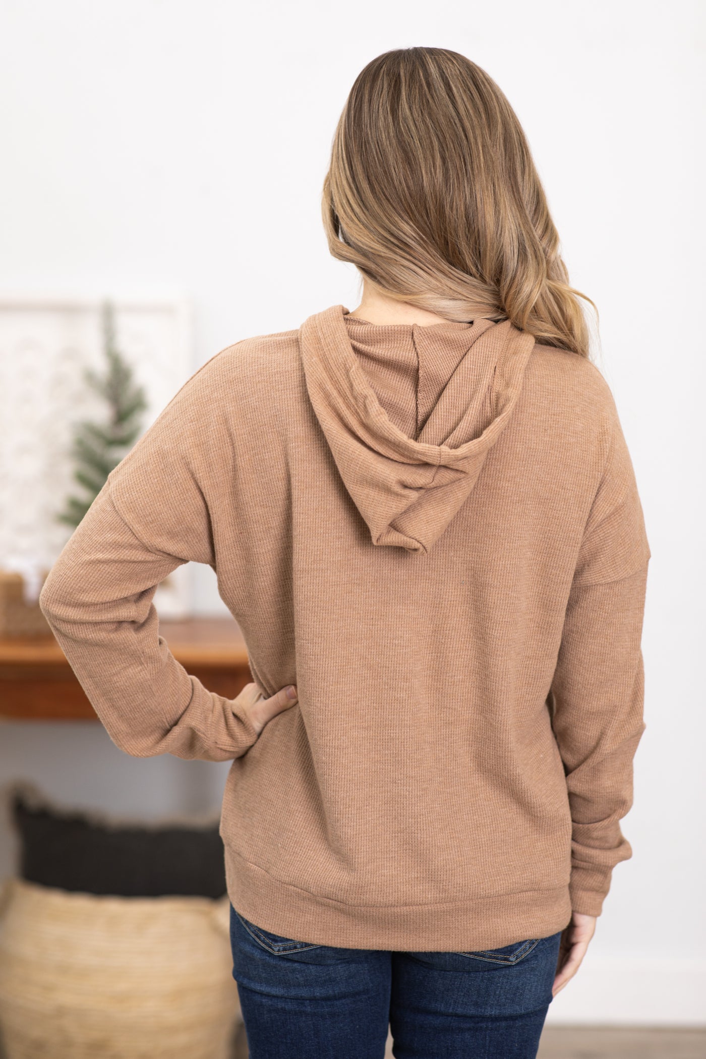 Mocha Hooded Top With Button Detail