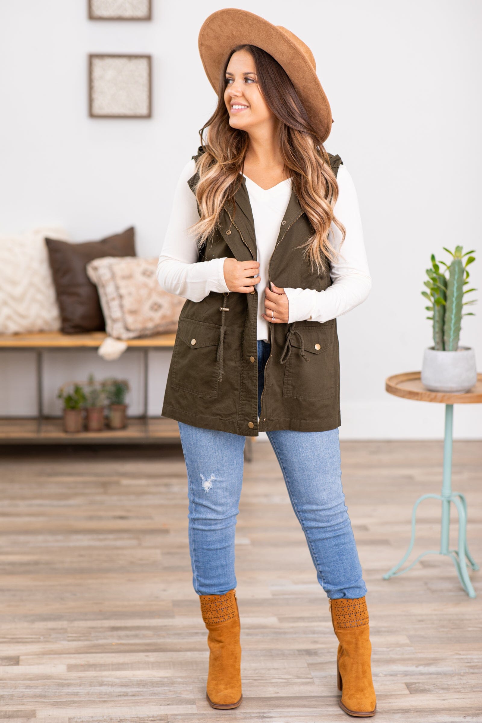 Olive Military Vest With Hood - Filly Flair