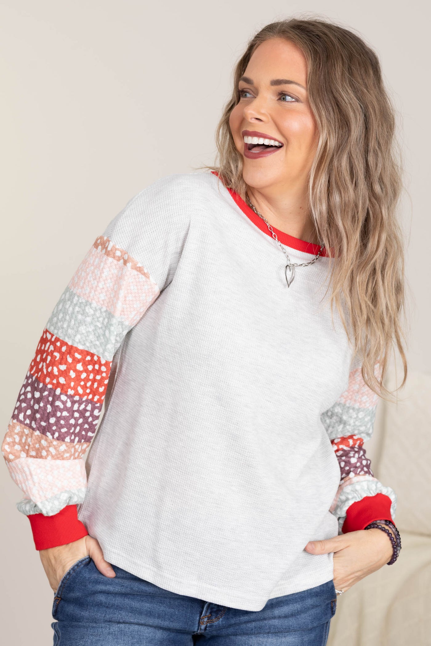 Heather Grey Knit Top With Colorblock Sleeve
