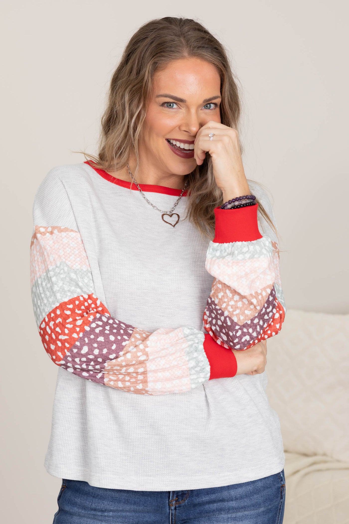 Heather Grey Knit Top With Colorblock Sleeve
