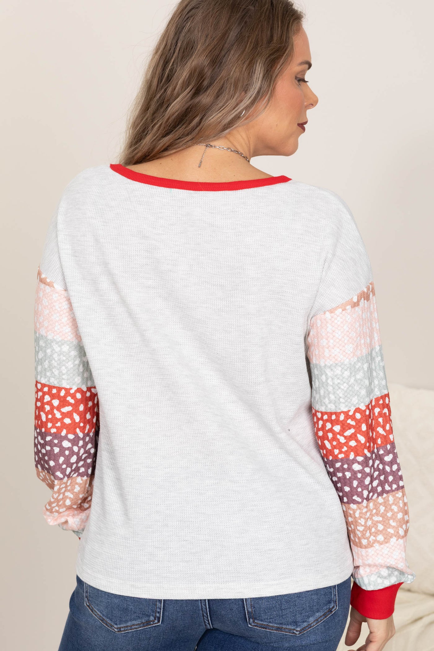 Heather Grey Knit Top With Colorblock Sleeve