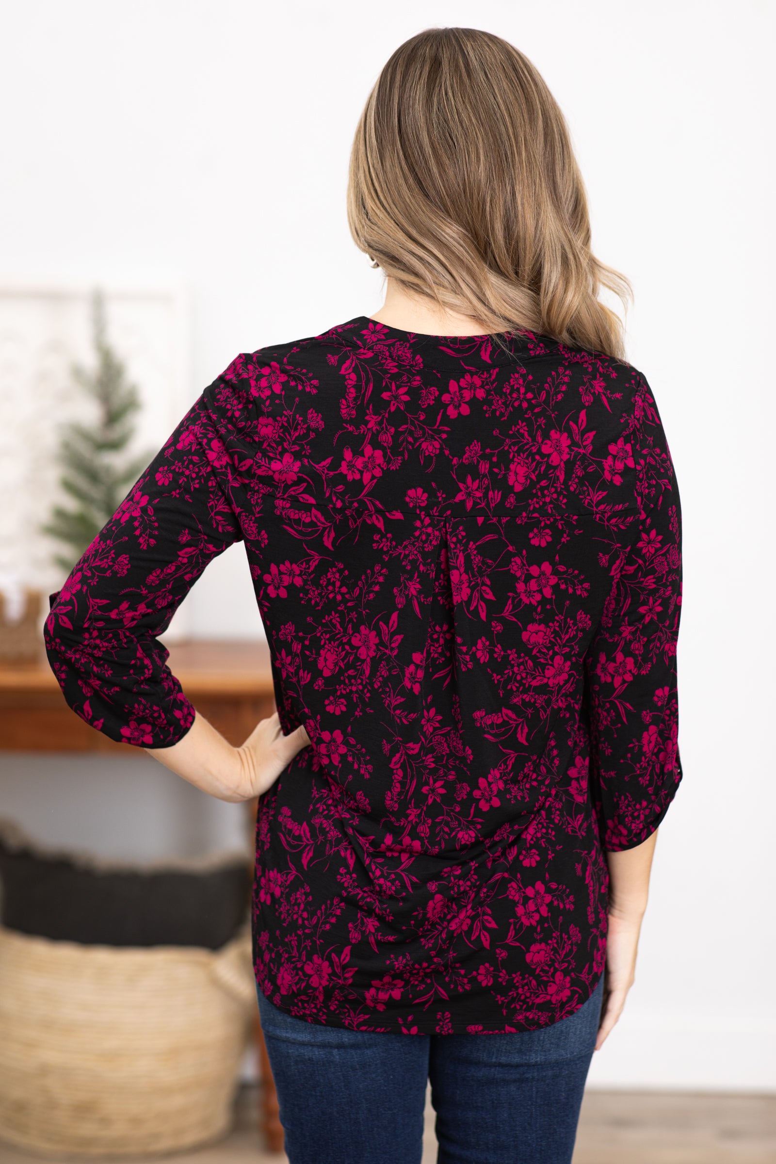 Black and Fuchsia Floral Notch Neck Top
