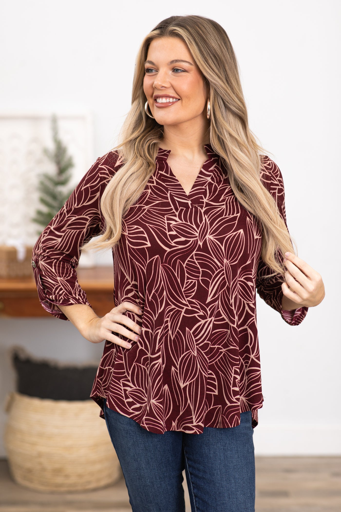 Maroon and Beige Floral Notch Neck Top