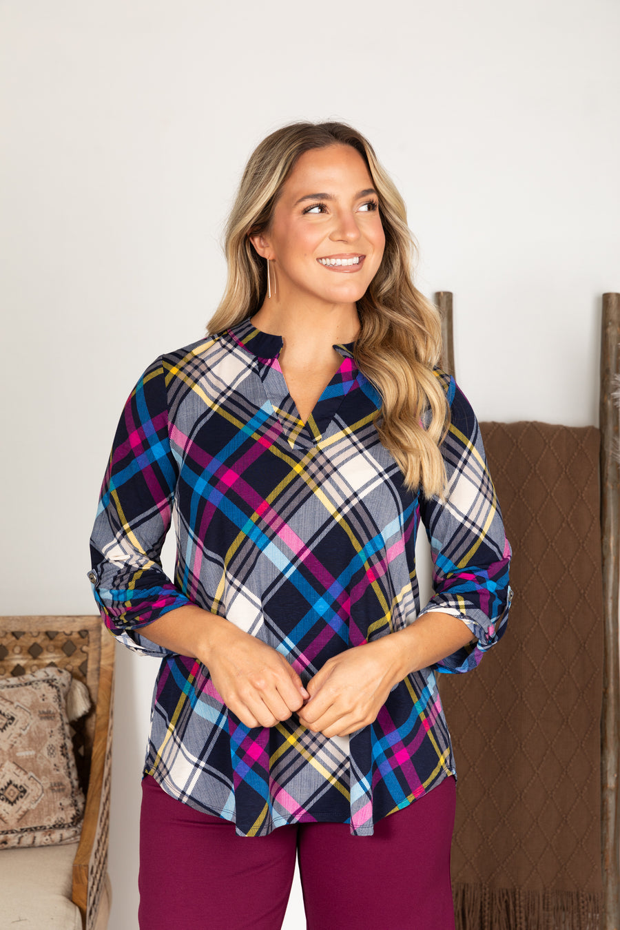 Navy Plaid Print Wrinkle Free Lizzy Top