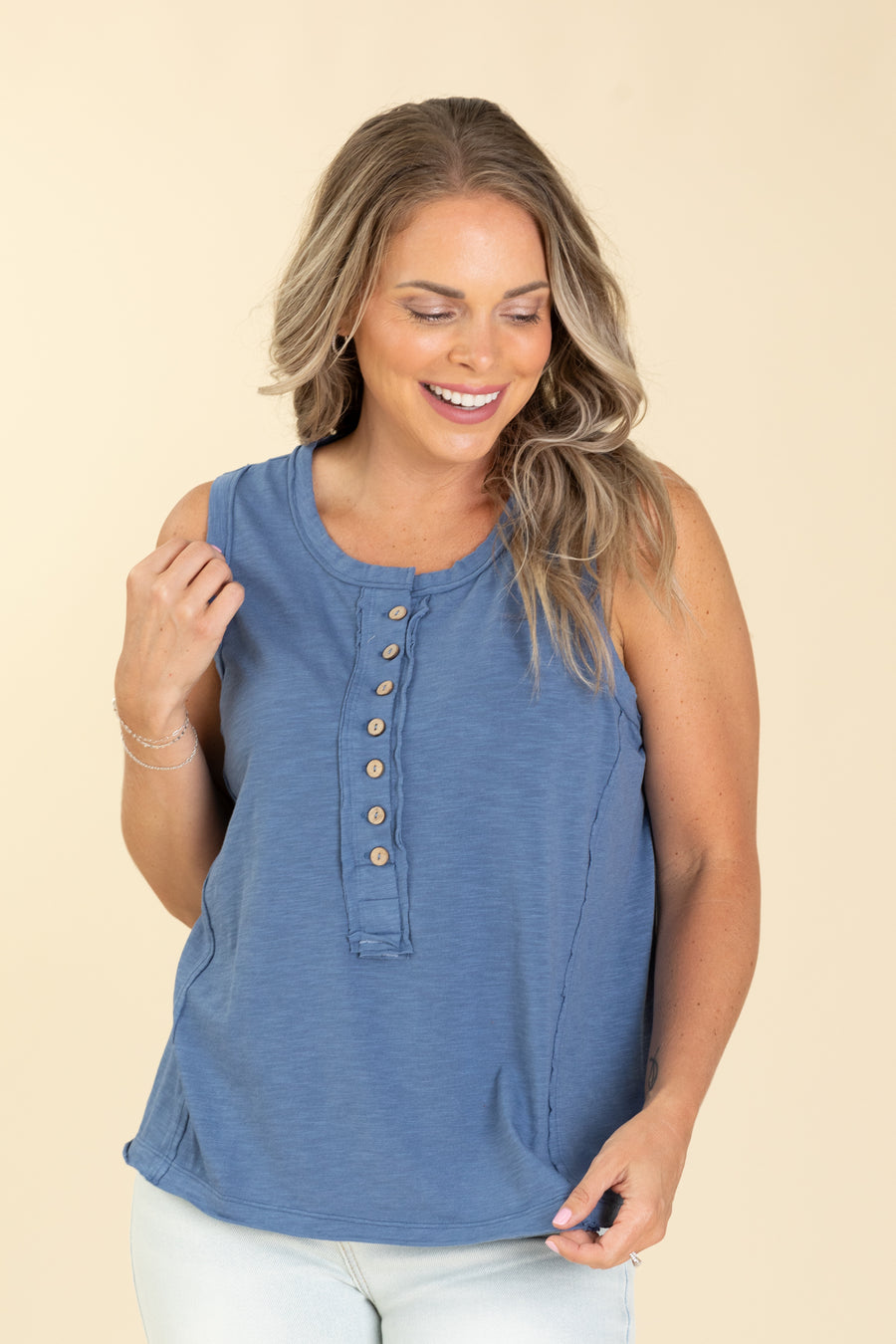 Mineral Washed Sleeveless Henley Knit Top
