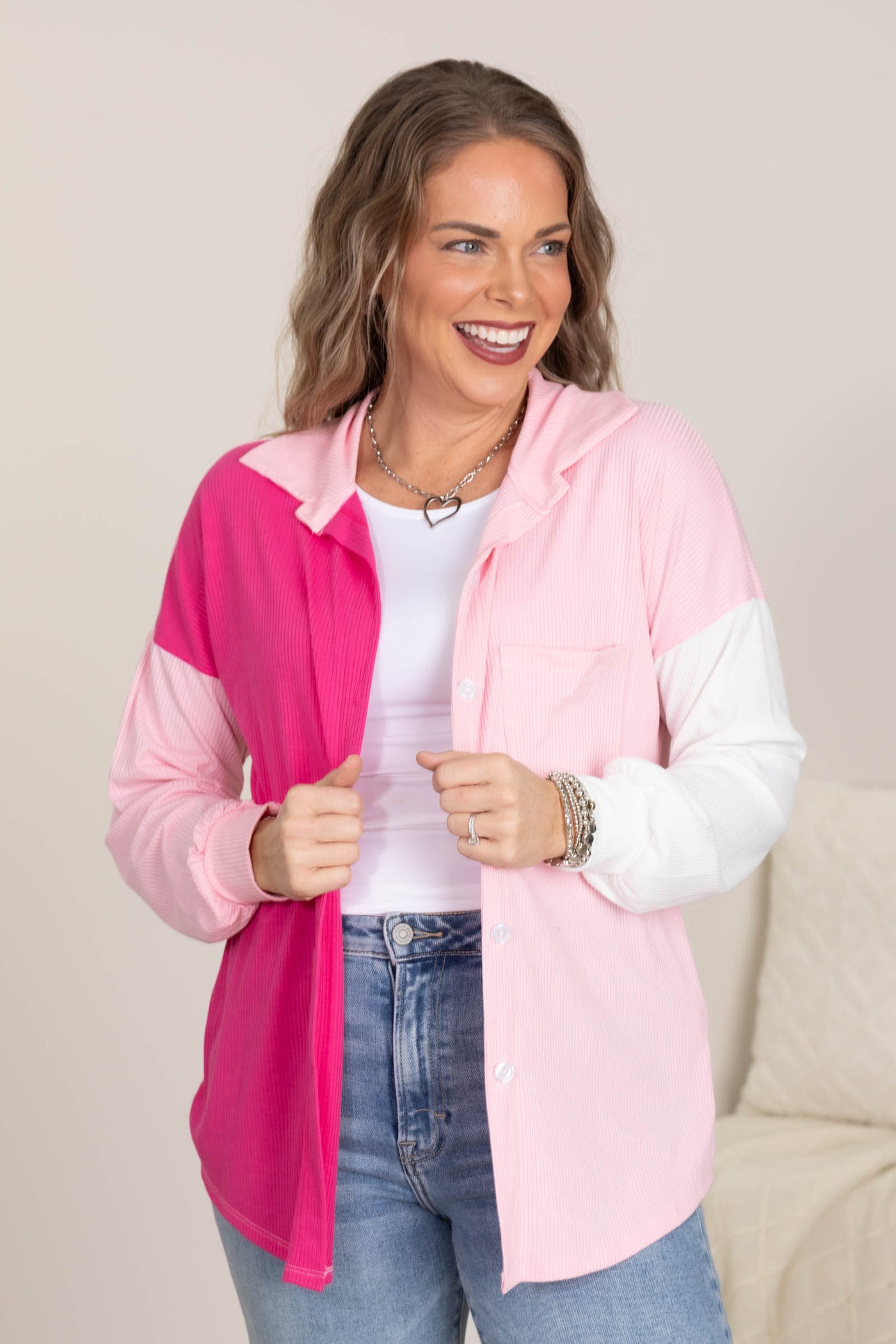 Pink and White Colorblock Knit Shacket