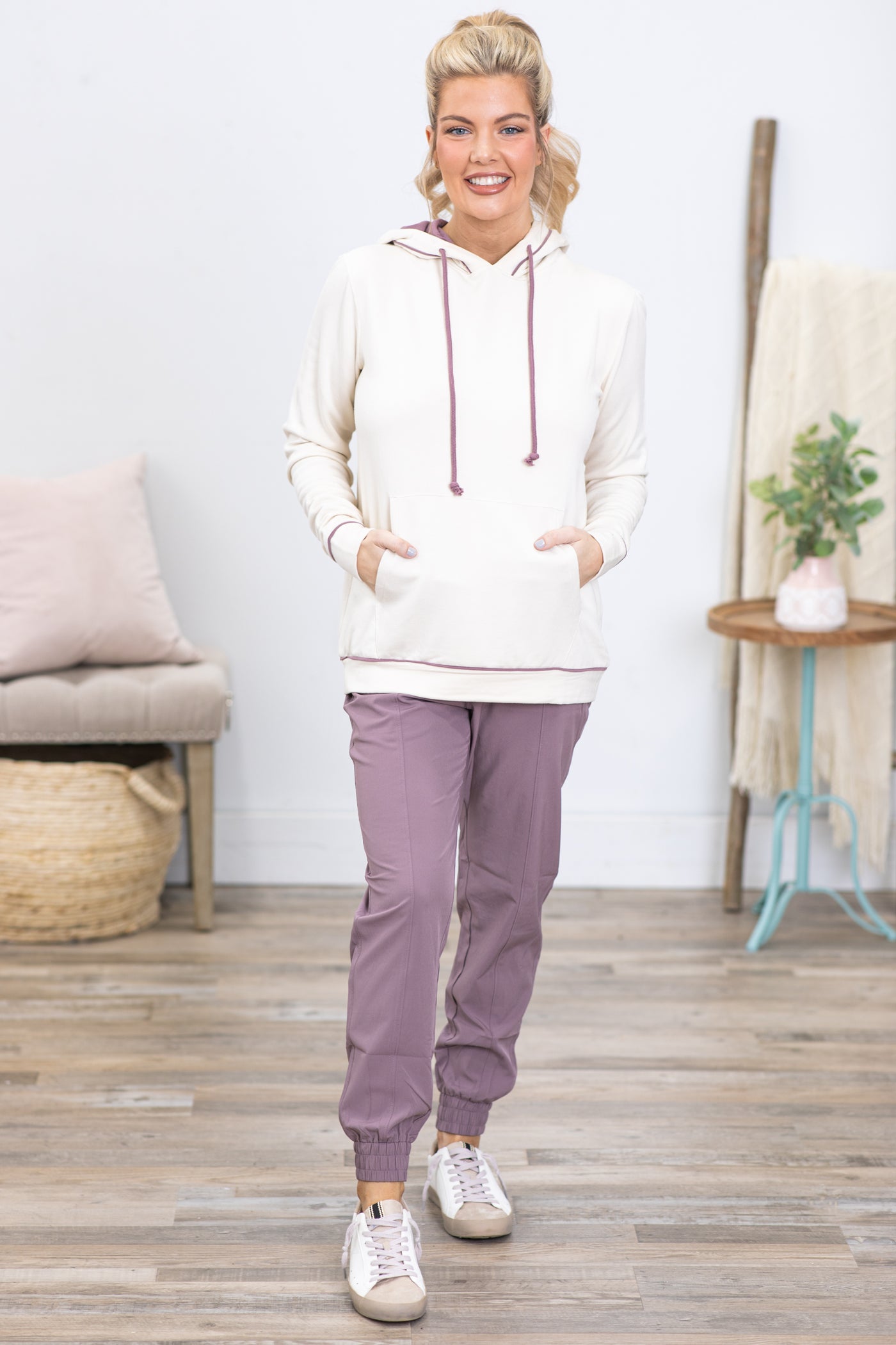 Ivory With Mauve Contrast Hoodie