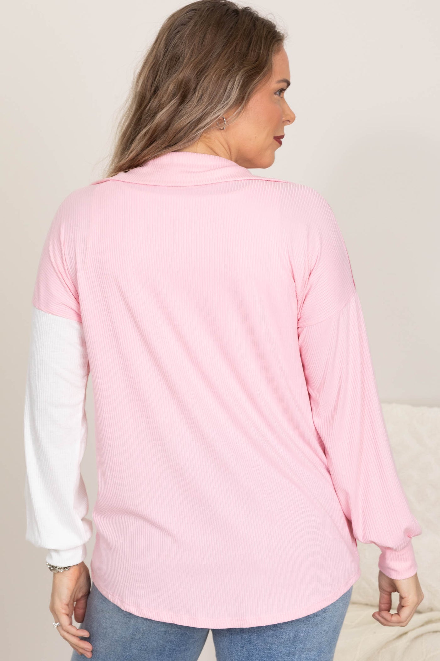 Pink and White Colorblock Knit Shacket