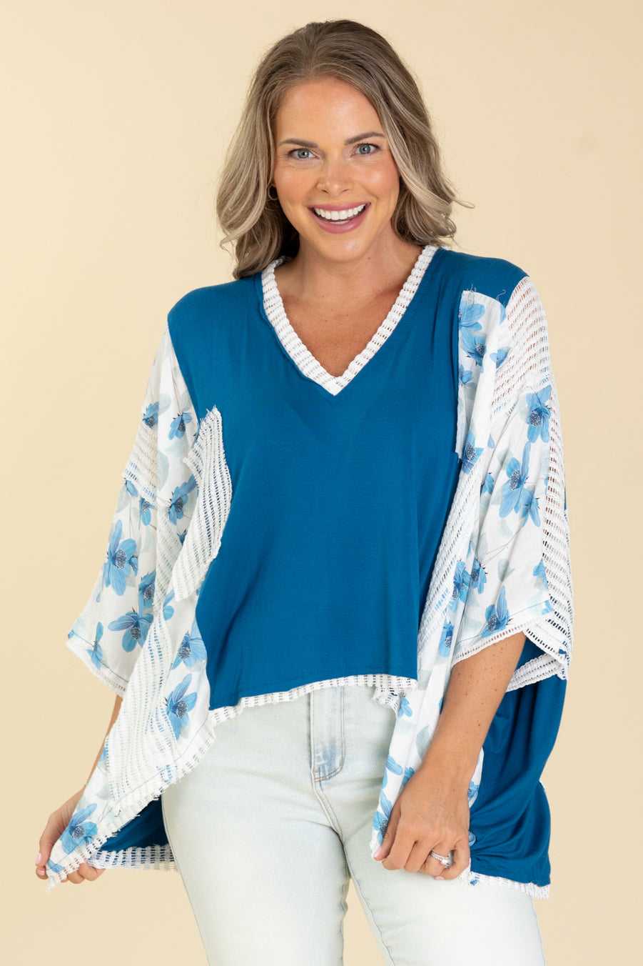 Oversized Floral V-Neck Waffle Knit Top