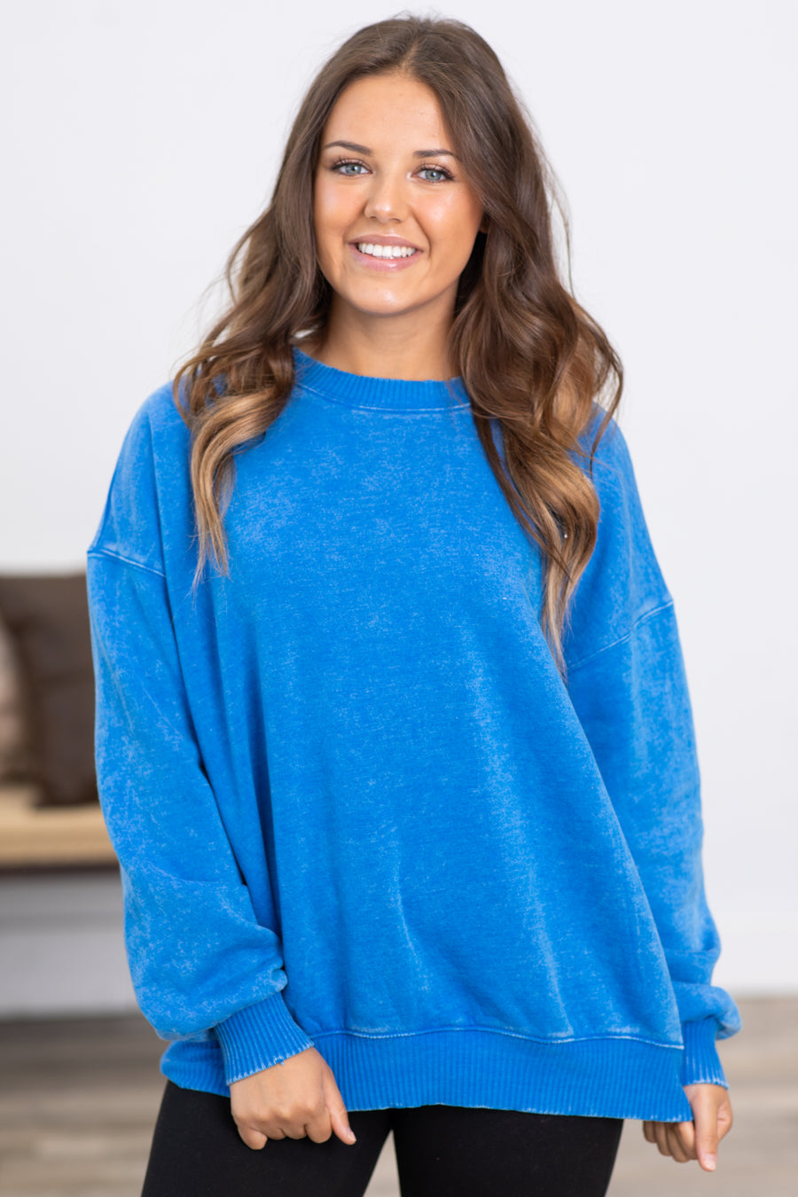 Bright Blue Acid Wash Fleece Sweatshirt