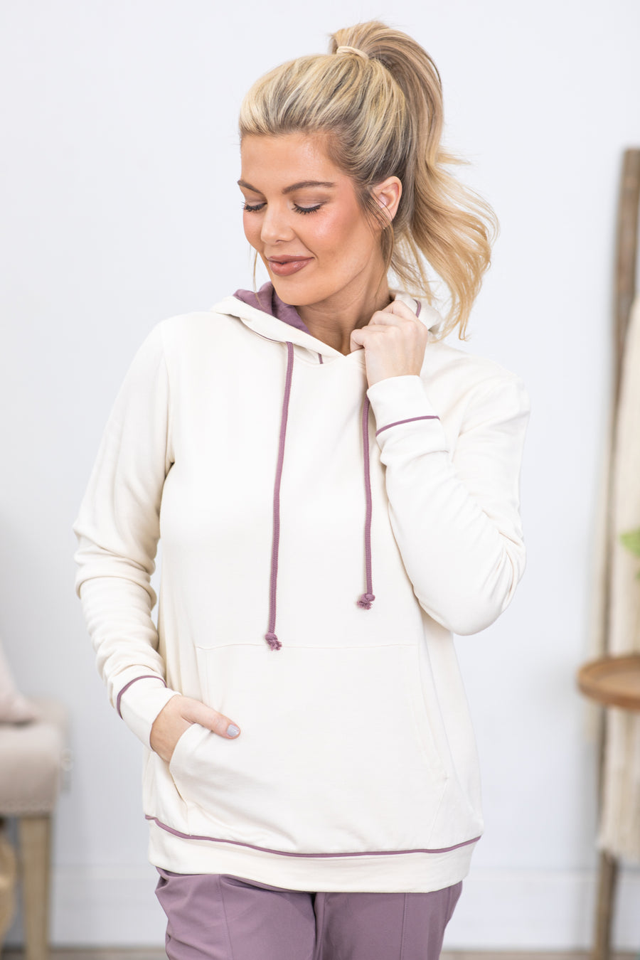 Ivory With Mauve Contrast Hoodie