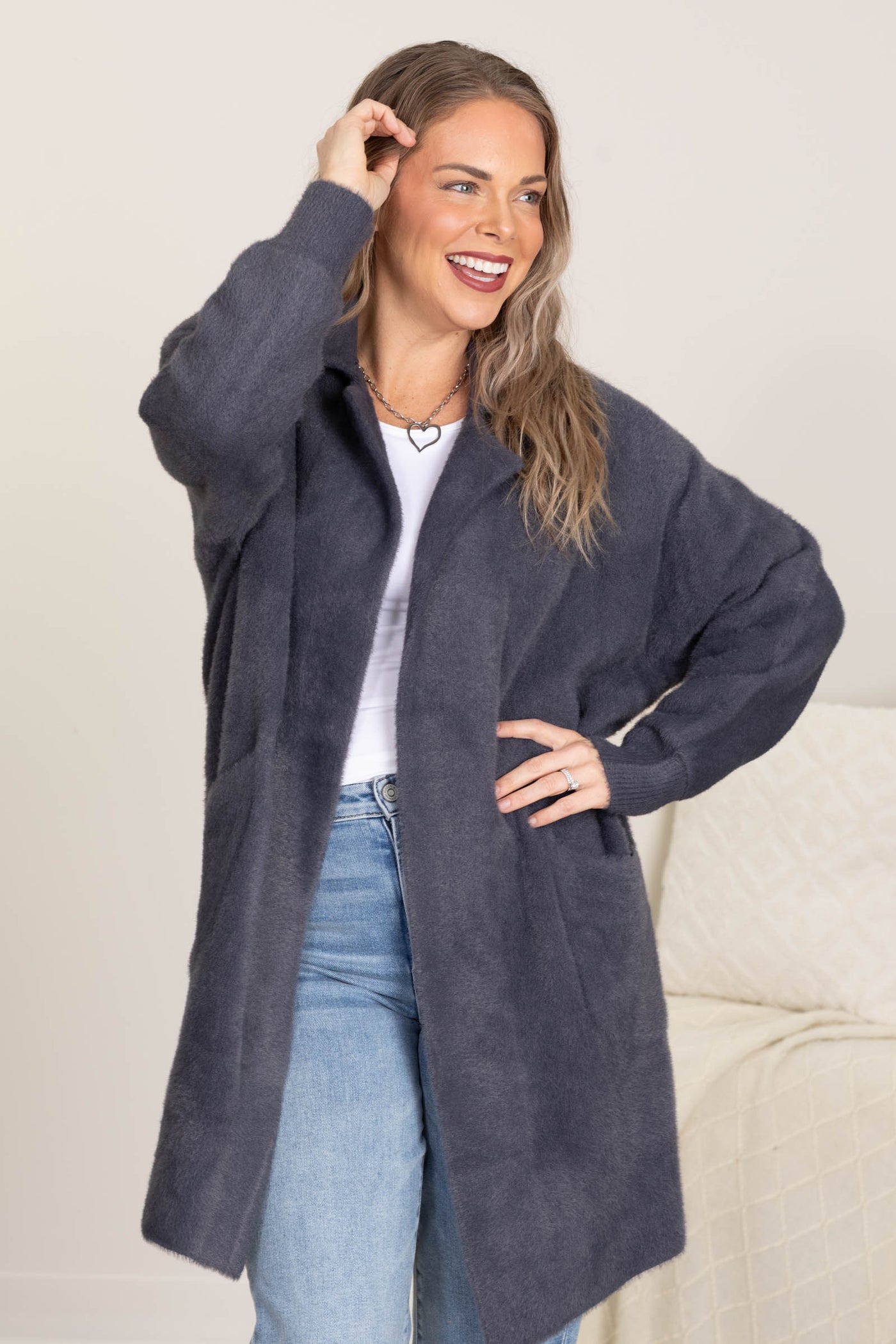 Navy Long Fuzzy Notched Lapel Jacket