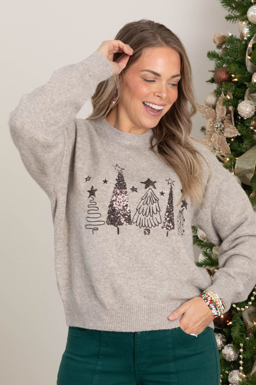 Light Mocha Sequin Trees Sweater