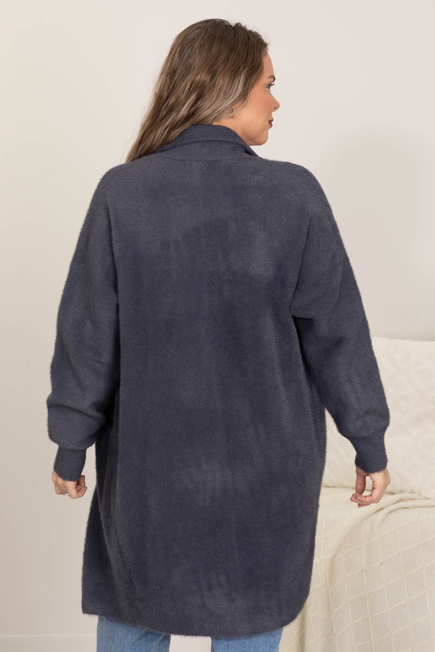 Navy Long Fuzzy Notched Lapel Jacket