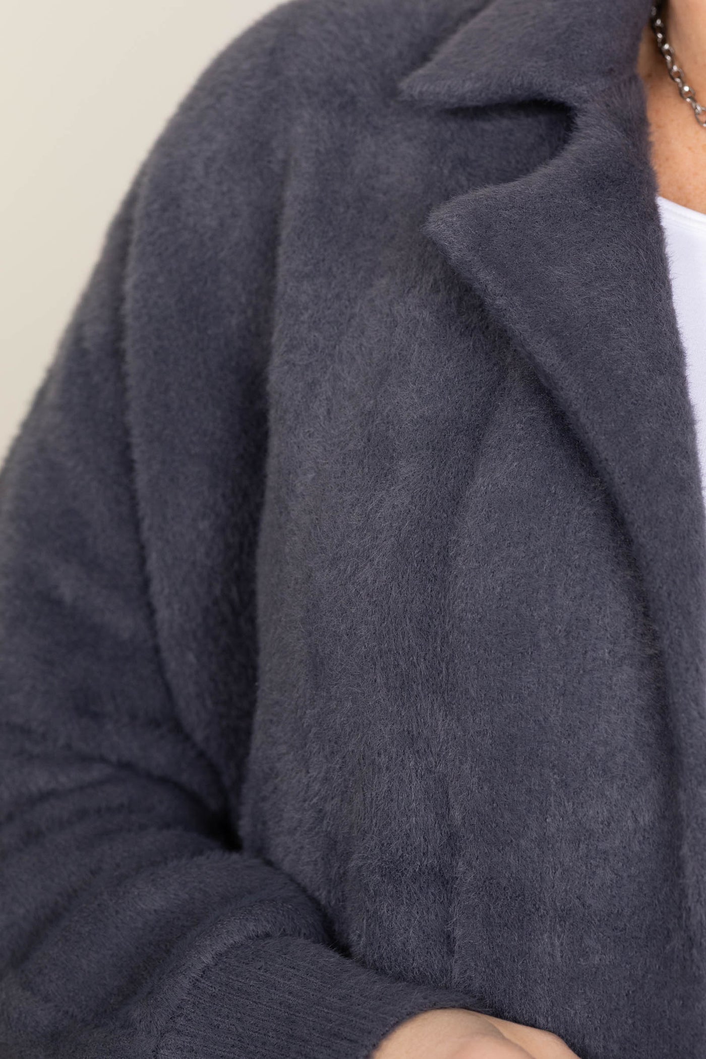 Navy Long Fuzzy Notched Lapel Jacket