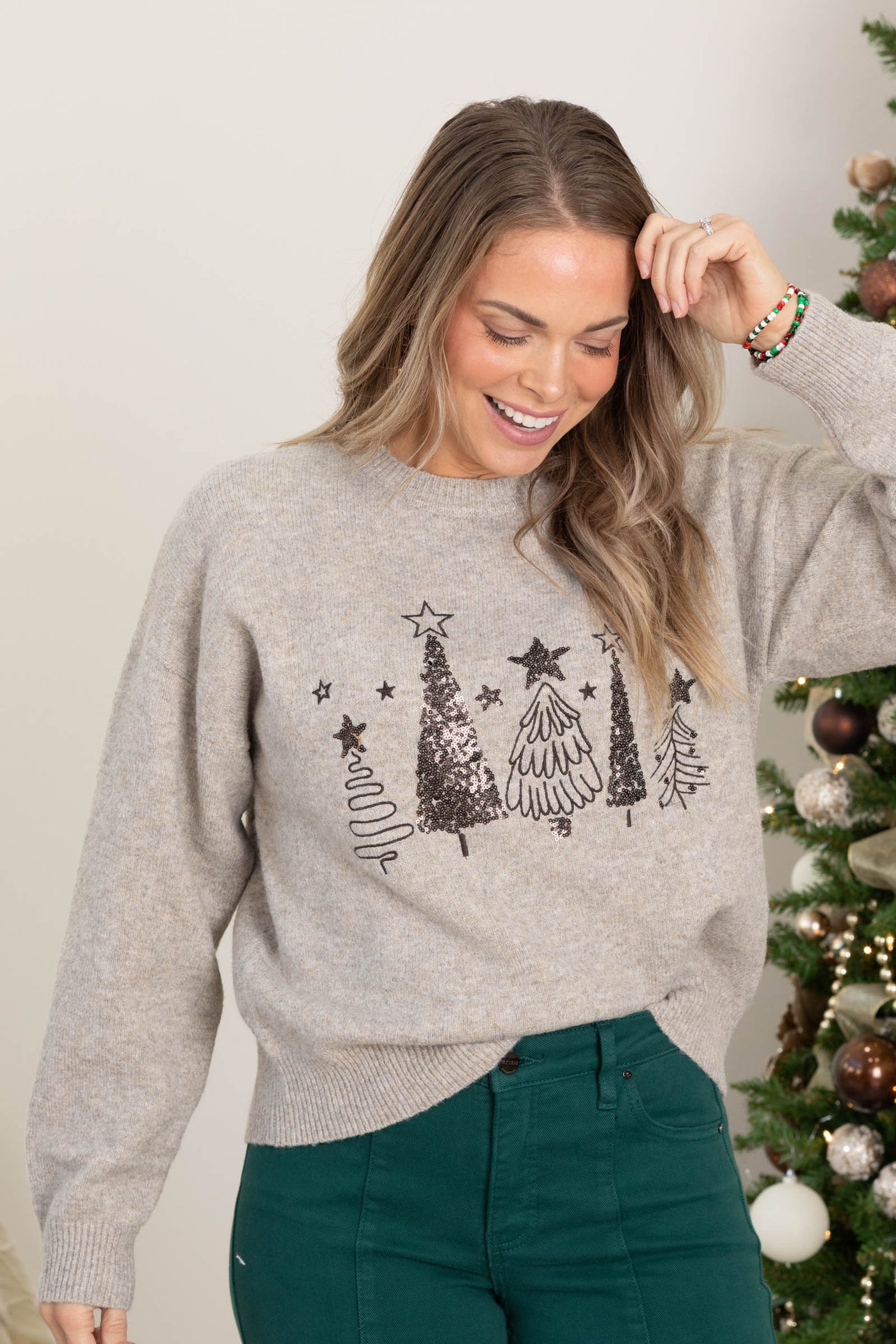 Light Mocha Sequin Trees Sweater