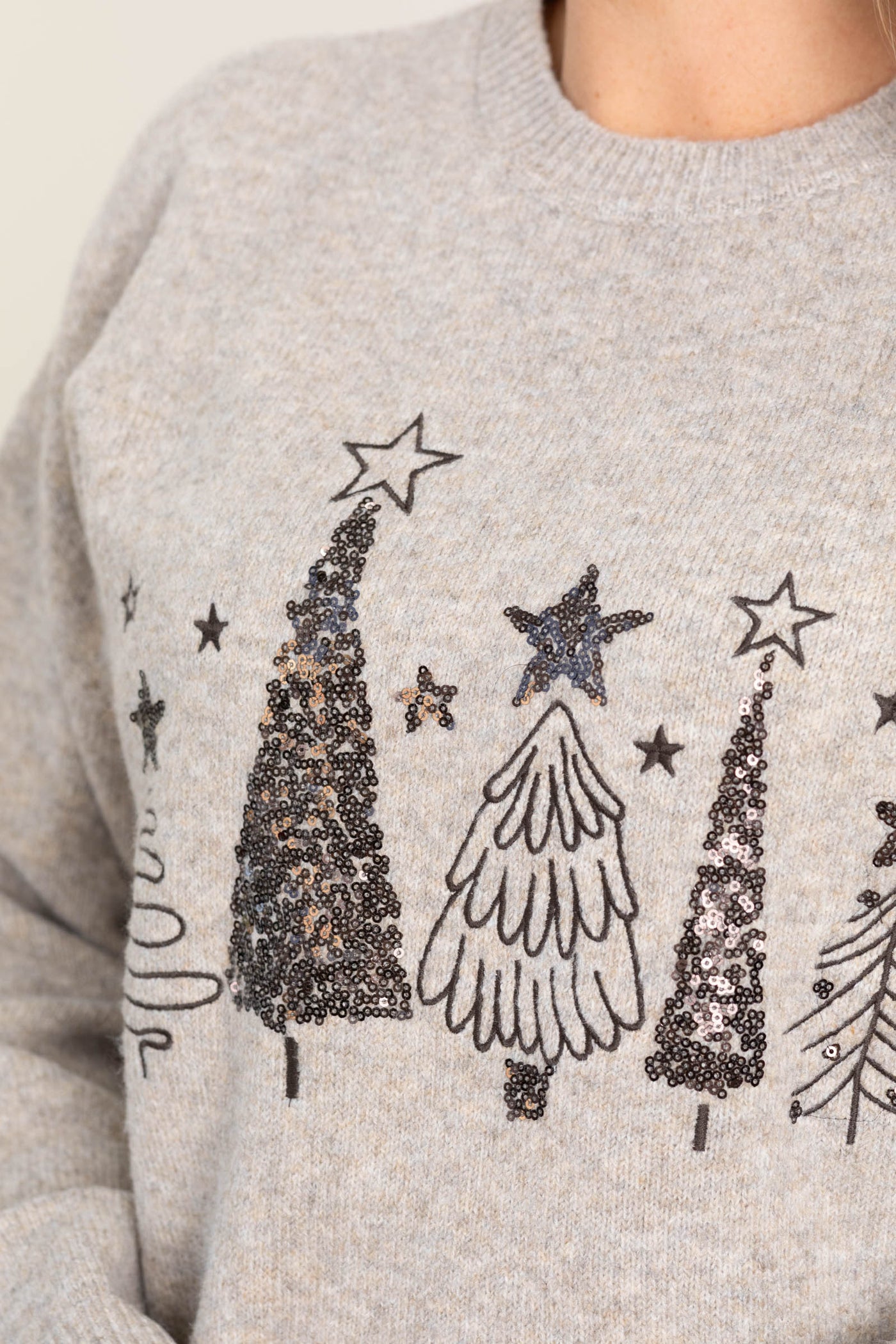 Light Mocha Sequin Trees Sweater