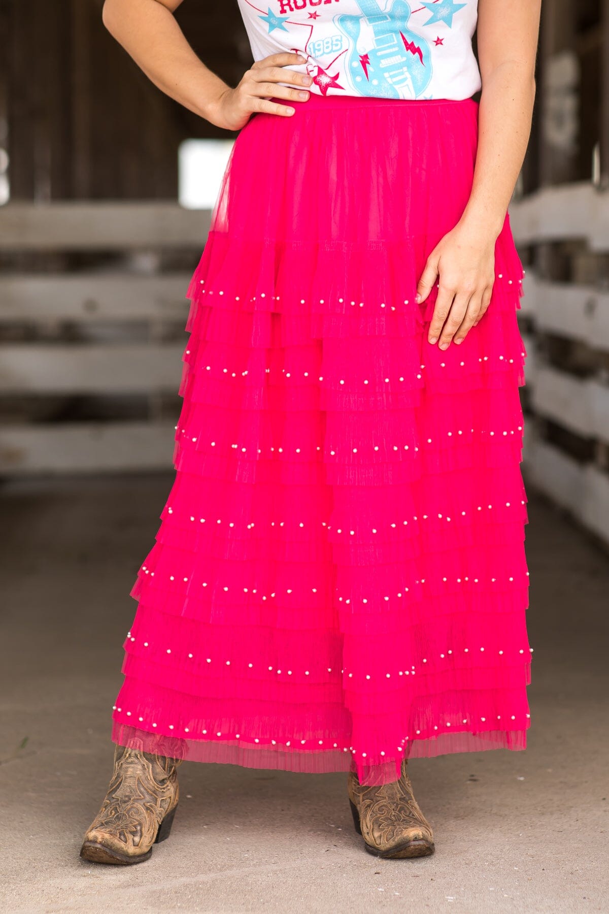 Hot Pink Tulle Midi Skirt With Pearl Detail - Filly Flair