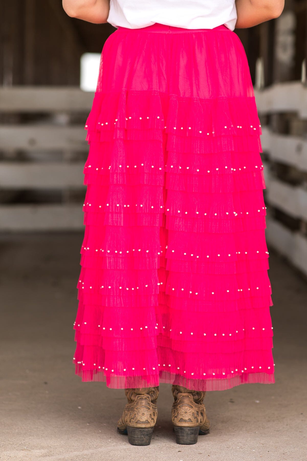 Hot Pink Tulle Midi Skirt With Pearl Detail - Filly Flair
