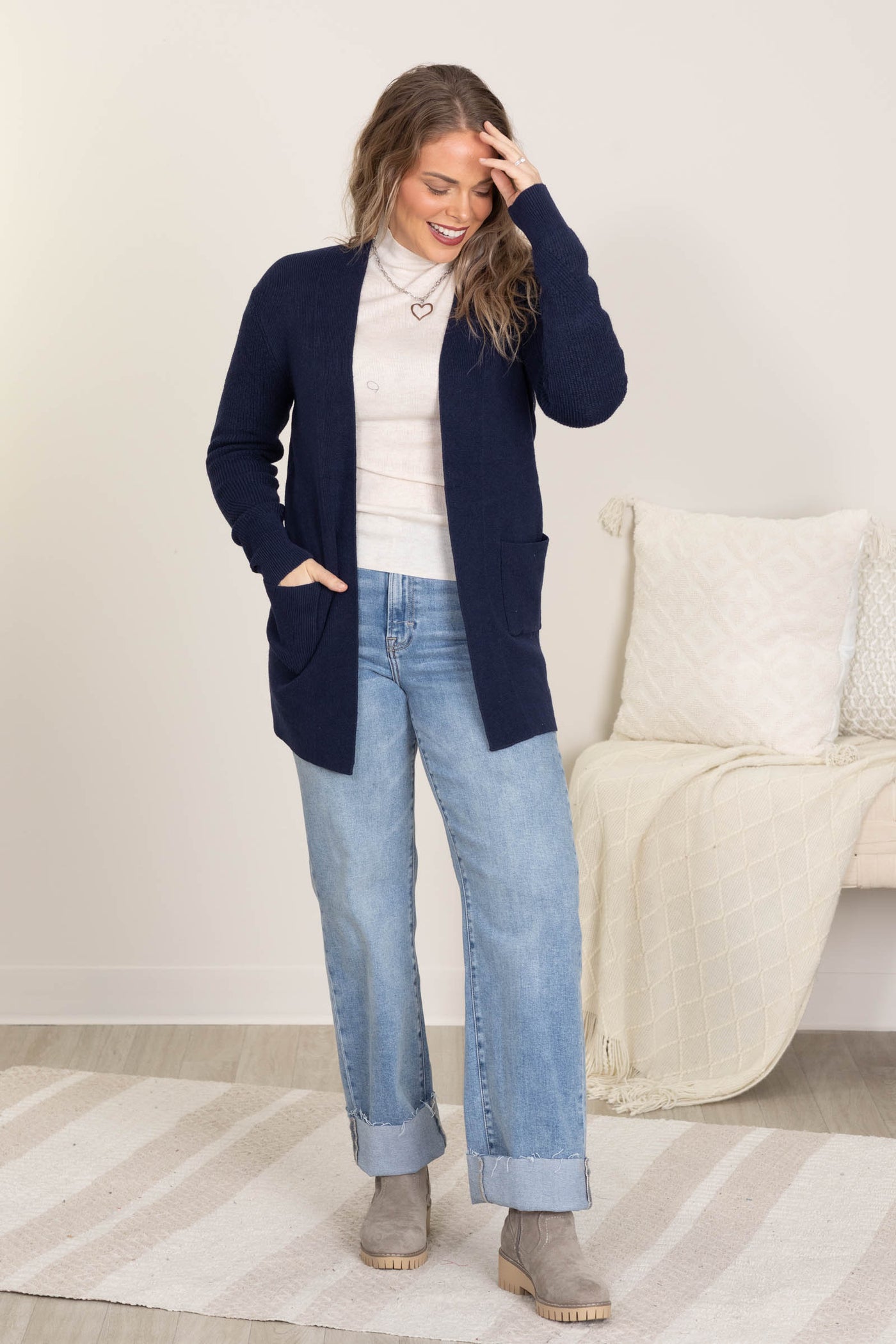 Navy Ribbed Basic Open Cardigan With Pockets