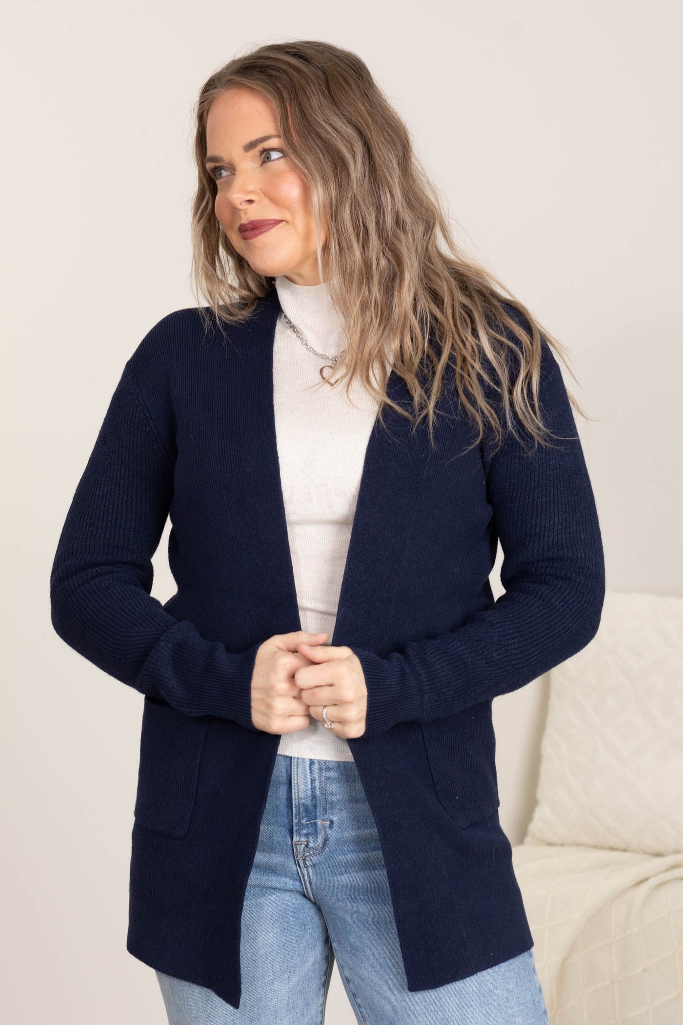 Navy Ribbed Basic Open Cardigan With Pockets