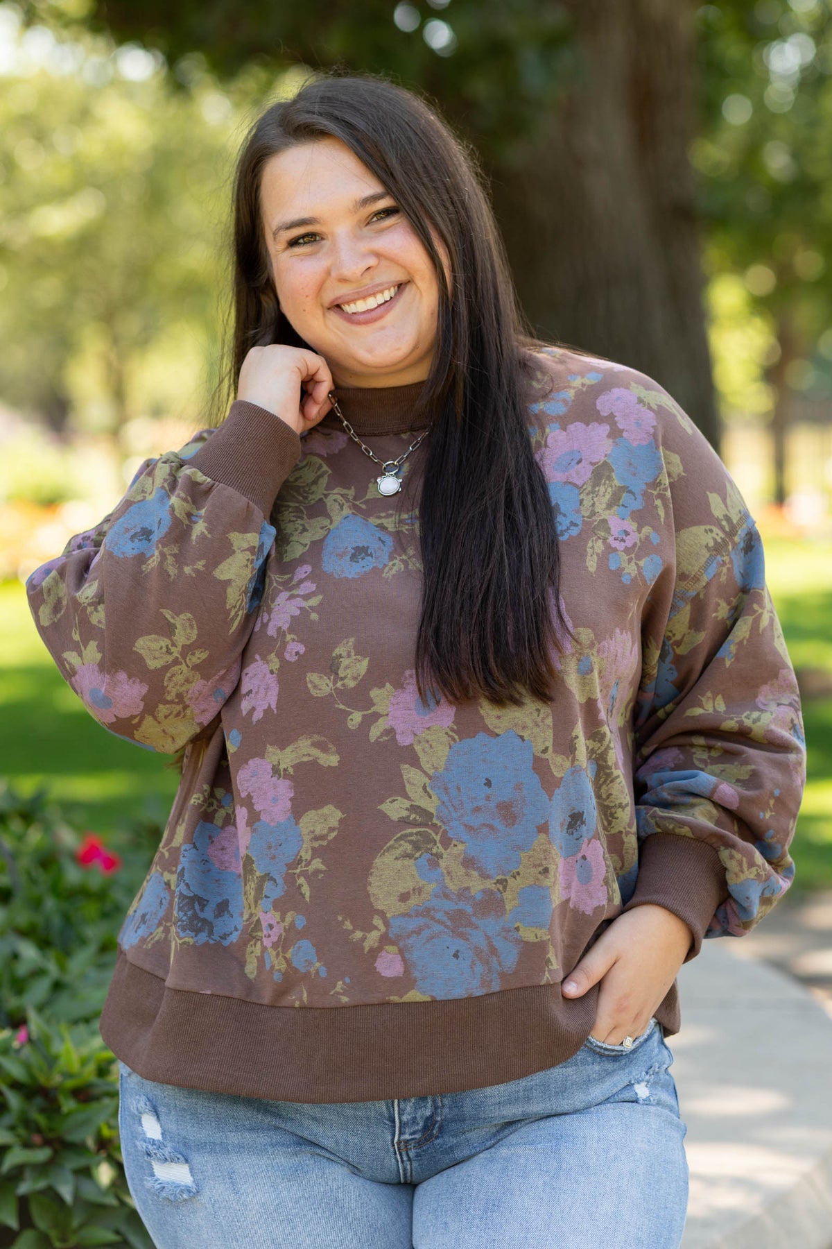 Floral Terry Mock Neck Sweatshirt