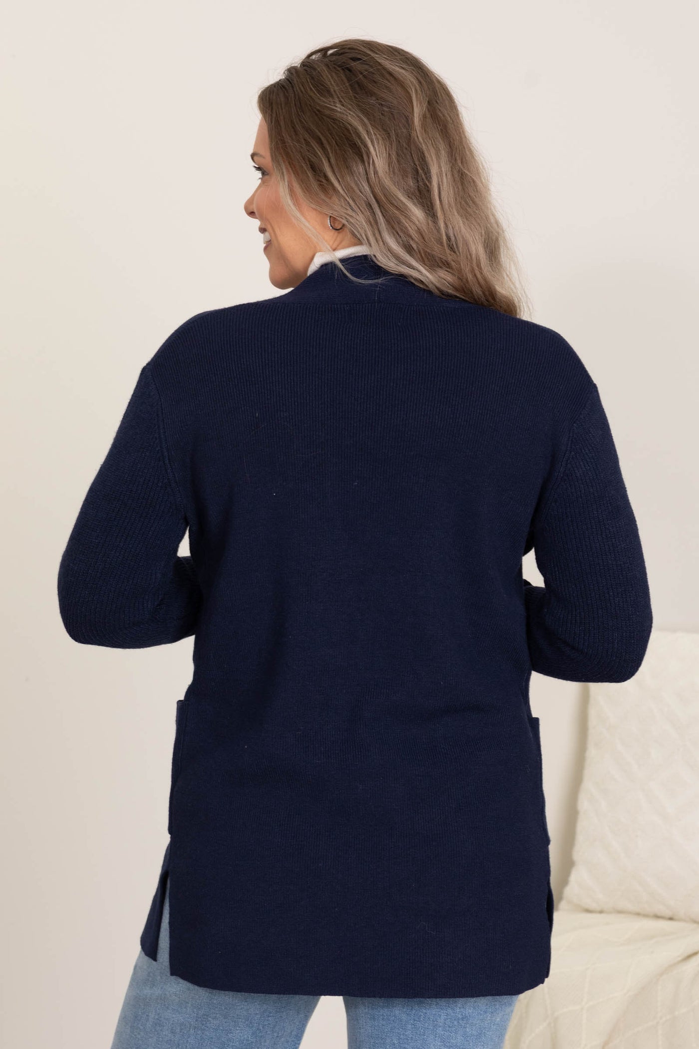 Navy Ribbed Basic Open Cardigan With Pockets
