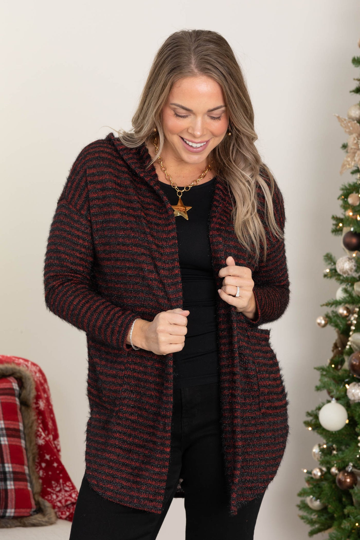 Red Striped Knit Hoodie Open Cardigan