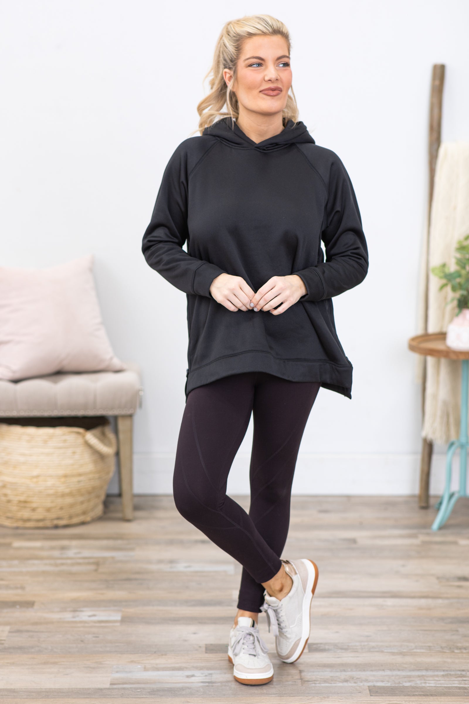 Black Pullover Hoodie With Side Zipper