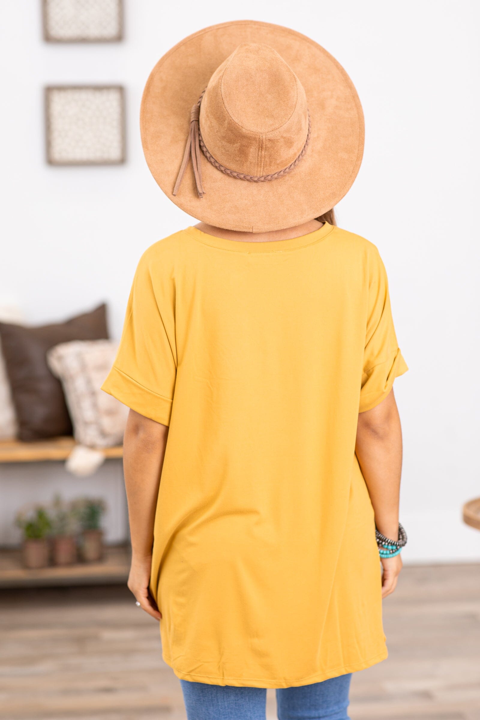 Mustard V-Neck Roll Sleeve Hi Lo Top - Filly Flair