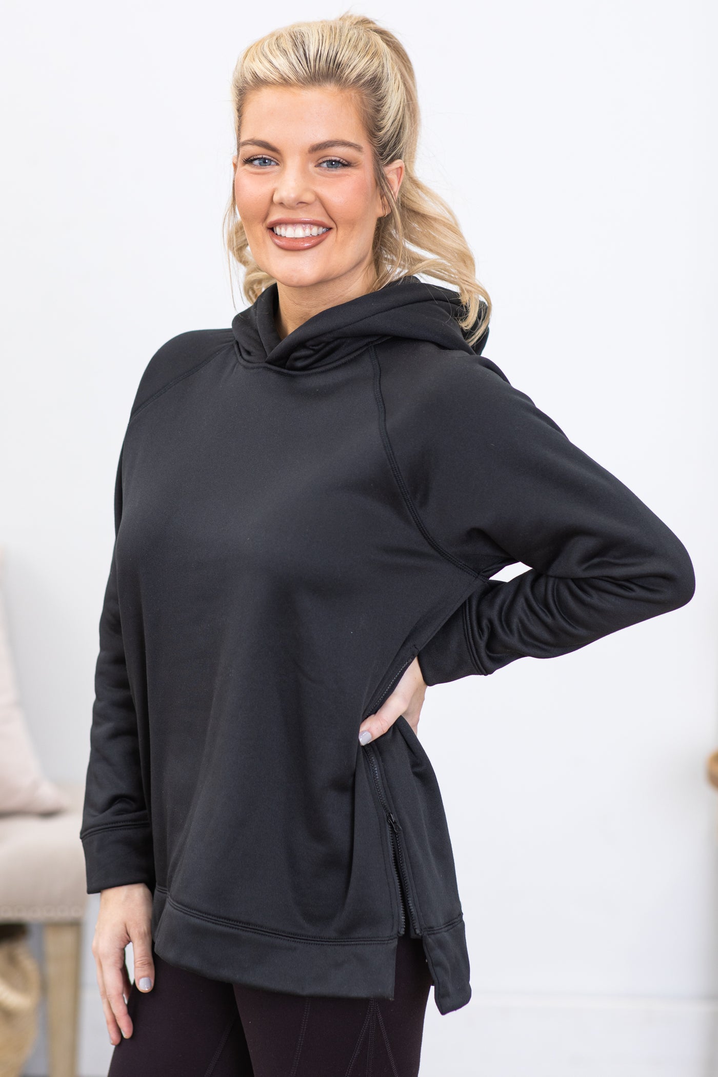 Black Pullover Hoodie With Side Zipper