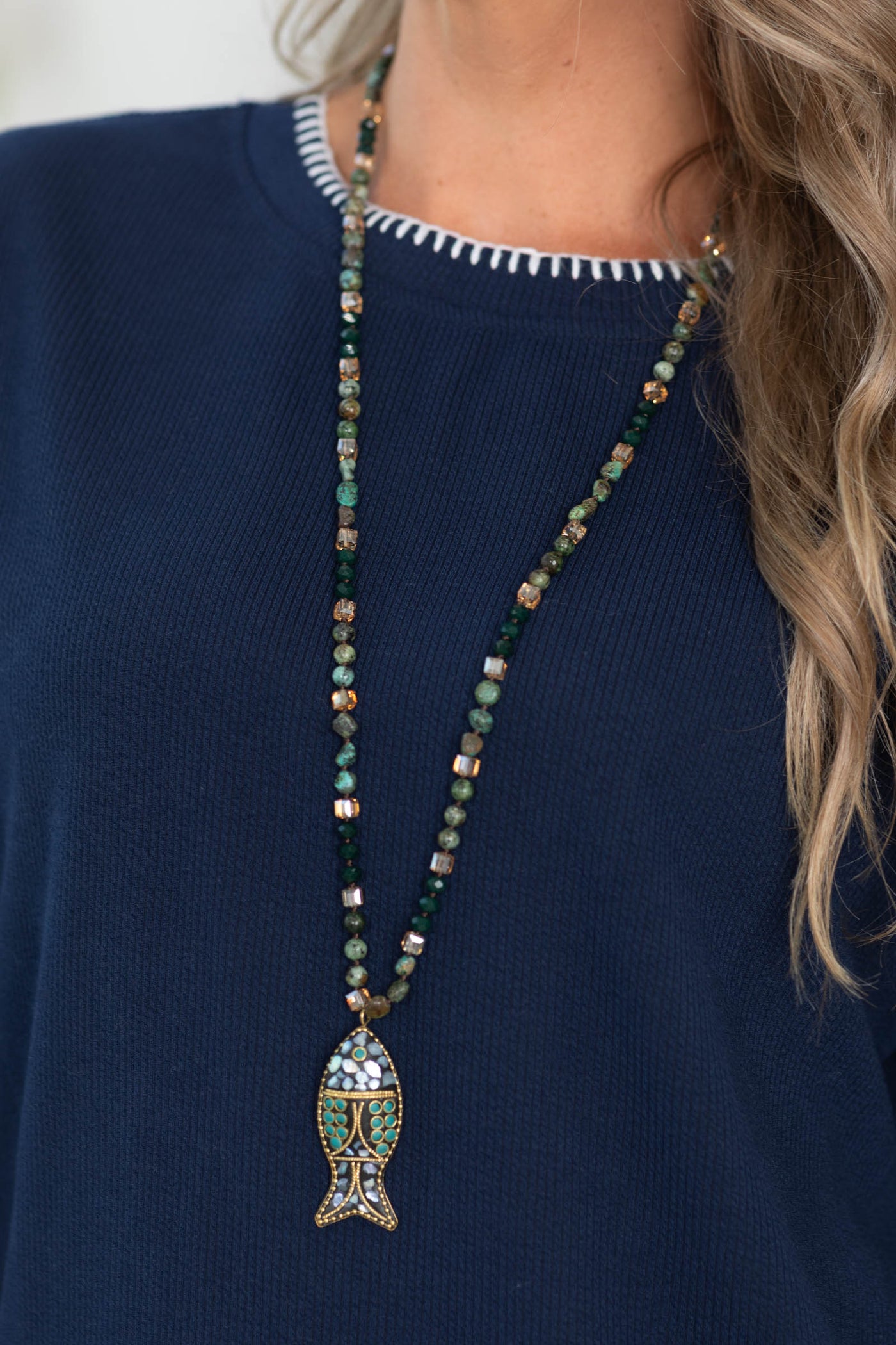 Fish Shape Pendant Long Beaded Necklace