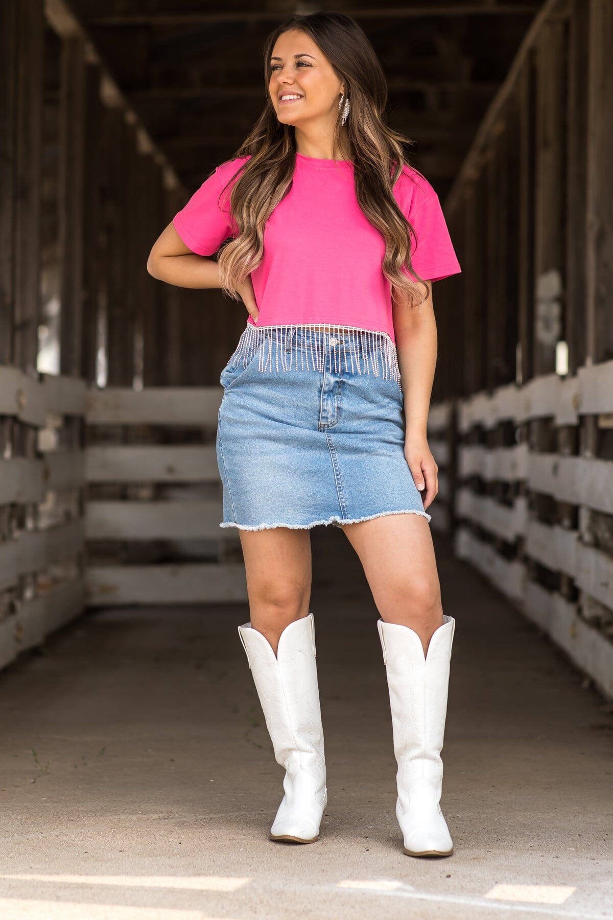 Pink Short Sleeve Top With Rhinestone Fringe - Filly Flair