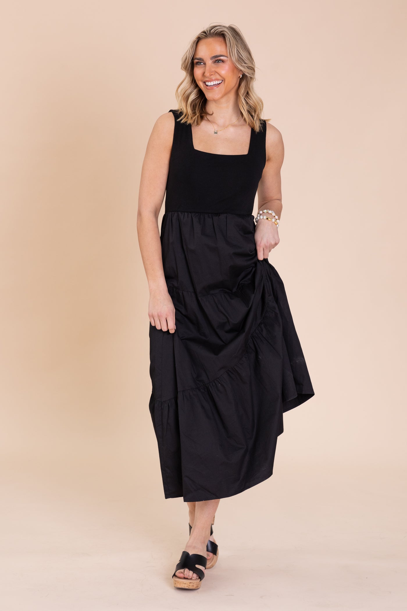 Black Tiered Mix Media Square Neck Maxi Dress Black Tiered Mix Media Square Neck Maxi Dress