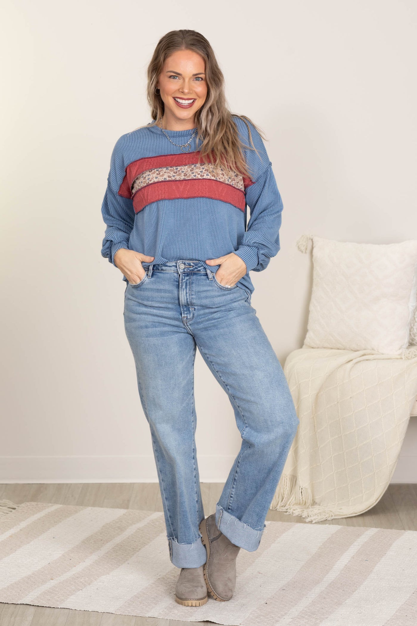 Ribbed Knit With Front Colorblock Floral Tops