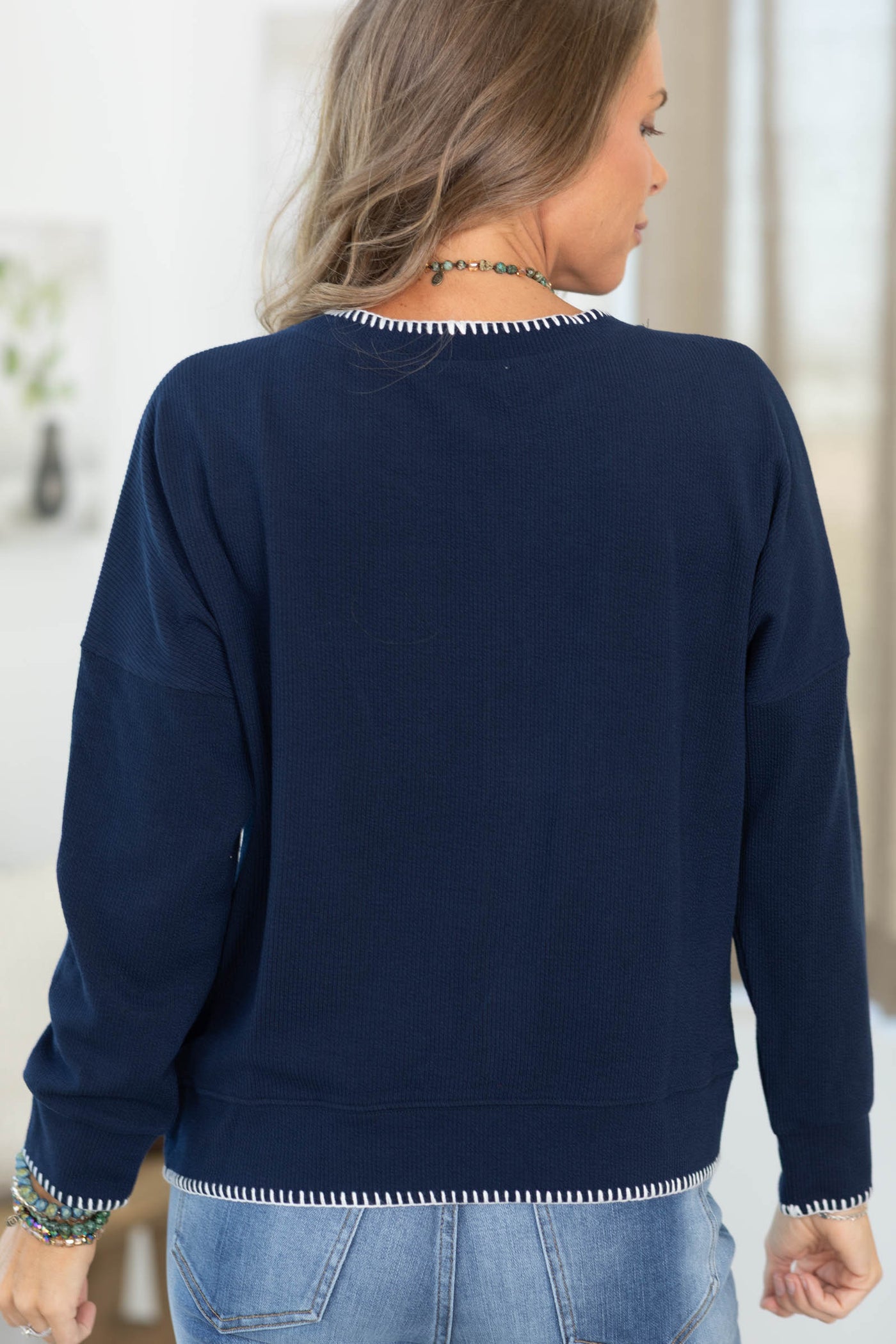 Staccato Blanket Stitch Ribbed Knit Top