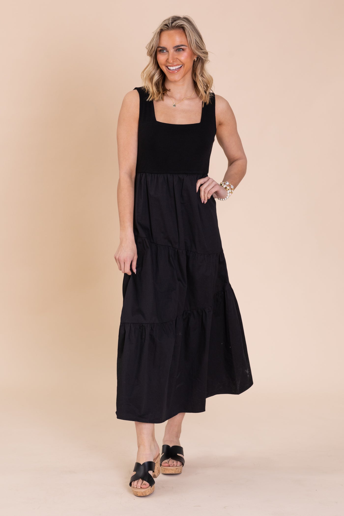 Black Tiered Mix Media Square Neck Maxi Dress Black Tiered Mix Media Square Neck Maxi Dress
