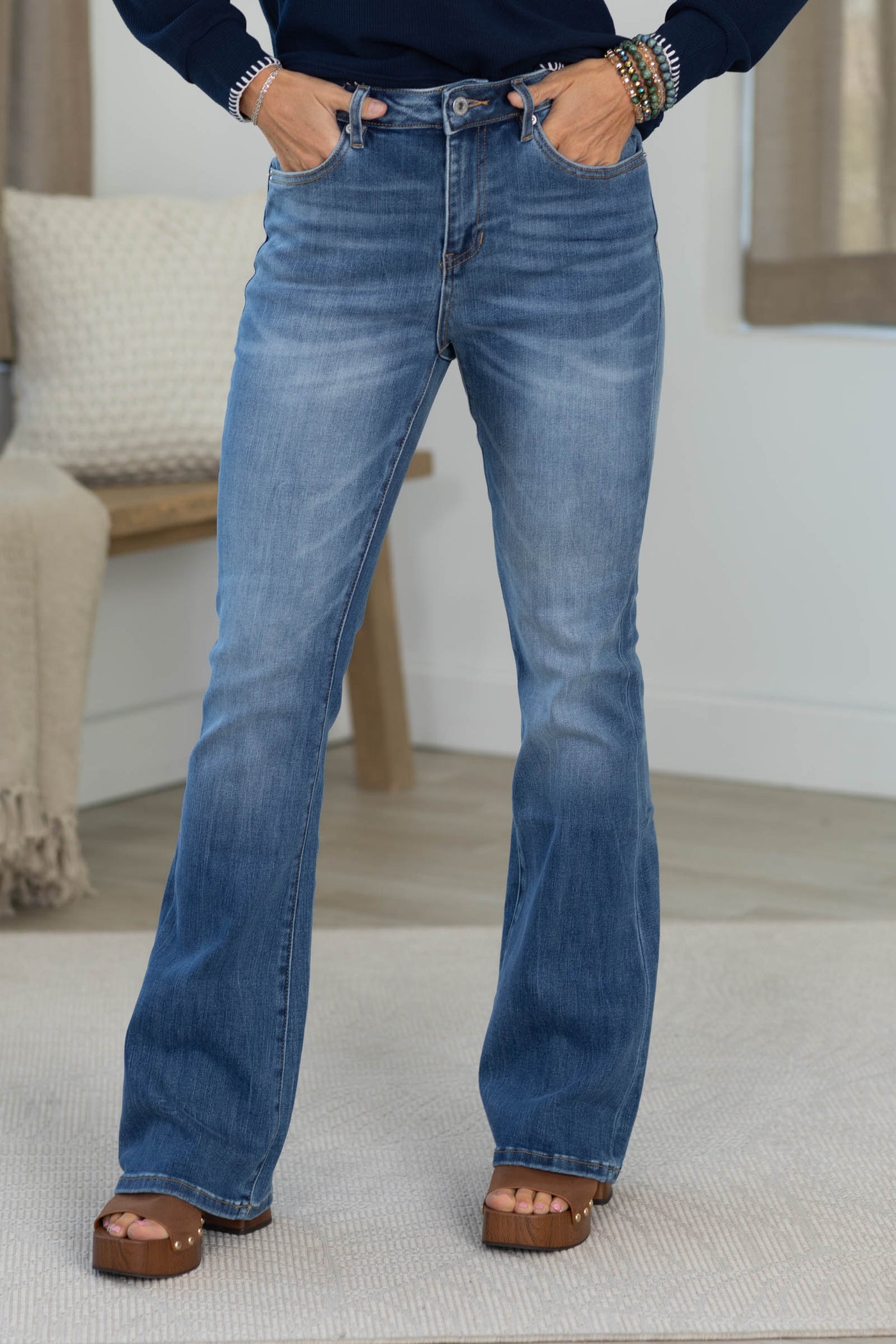 Mica Medium Wash High Rise Distressed Flare Jeans