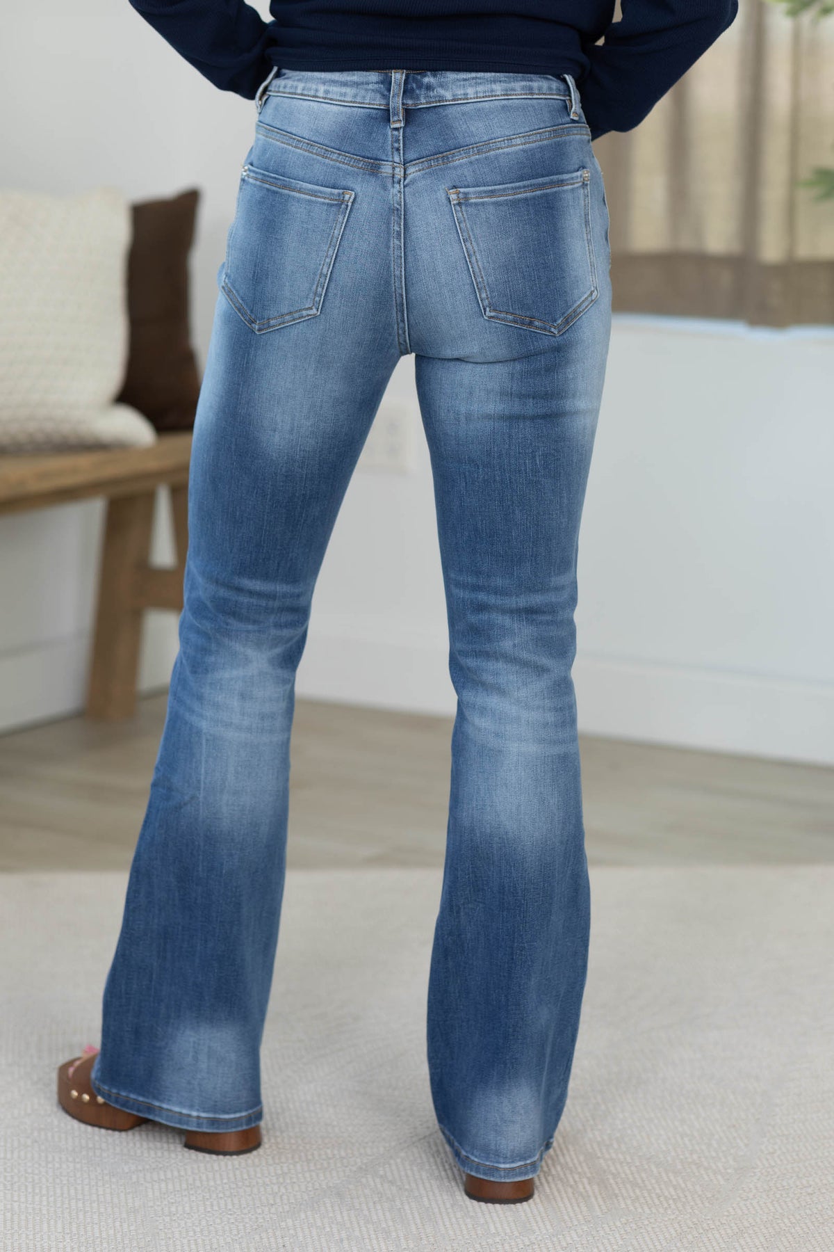 Mica Medium Wash High Rise Distressed Flare Jeans