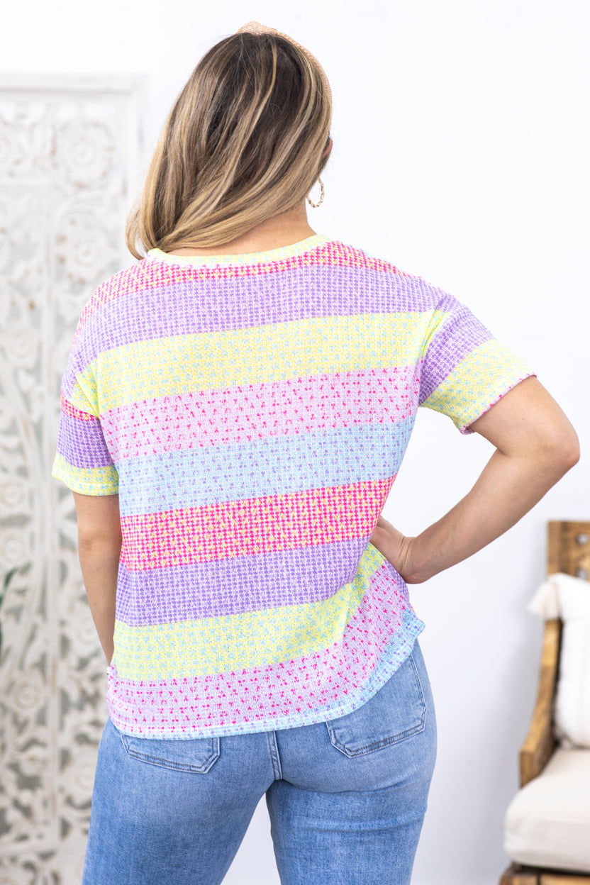 PINK STRIPE WAFFLE KNIT U NECK SWEATER TOP