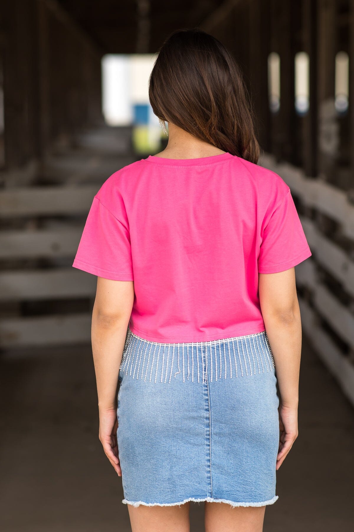 Pink Short Sleeve Top With Rhinestone Fringe - Filly Flair