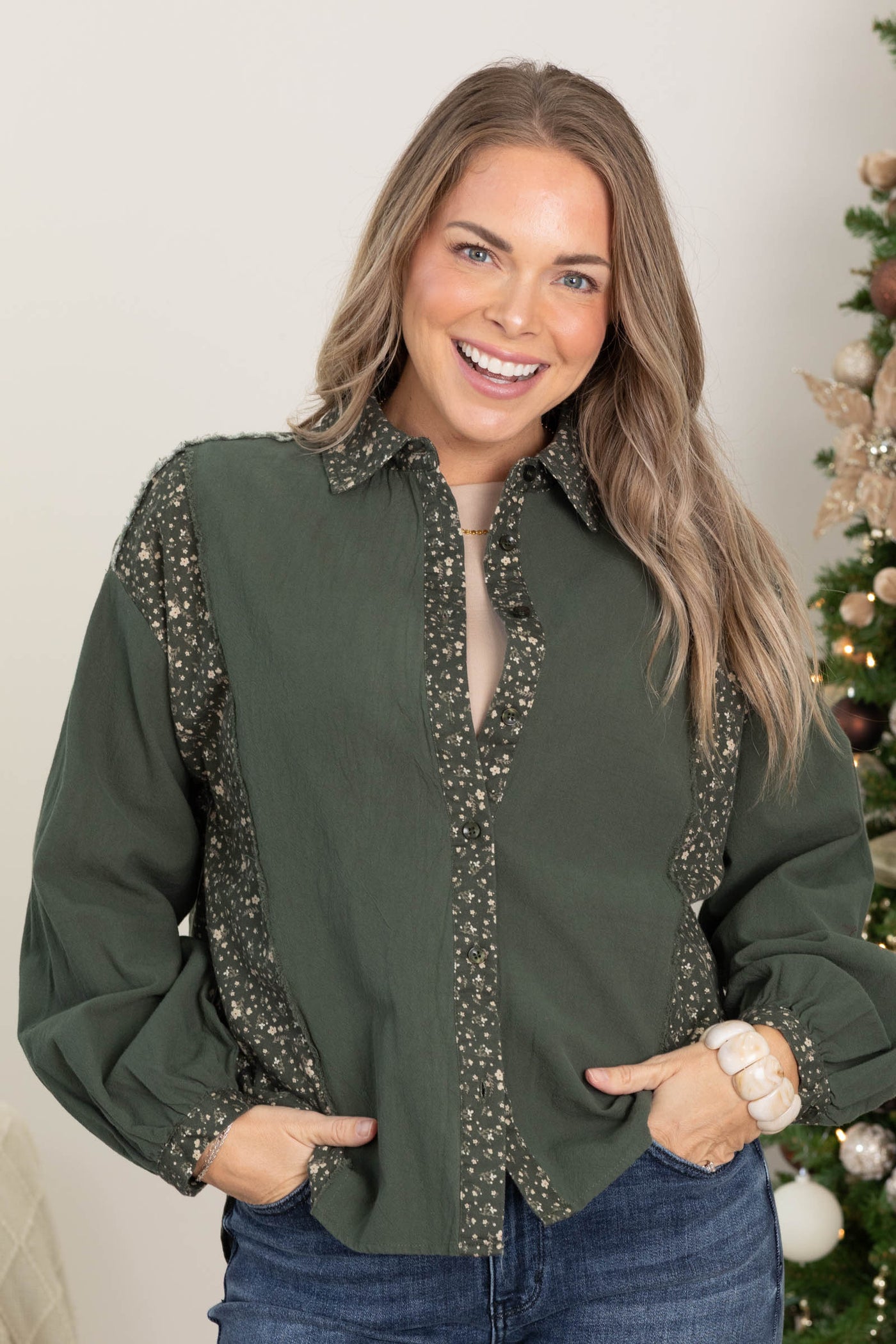 Deep Green Ditsy Floral Mixed Button Down Top