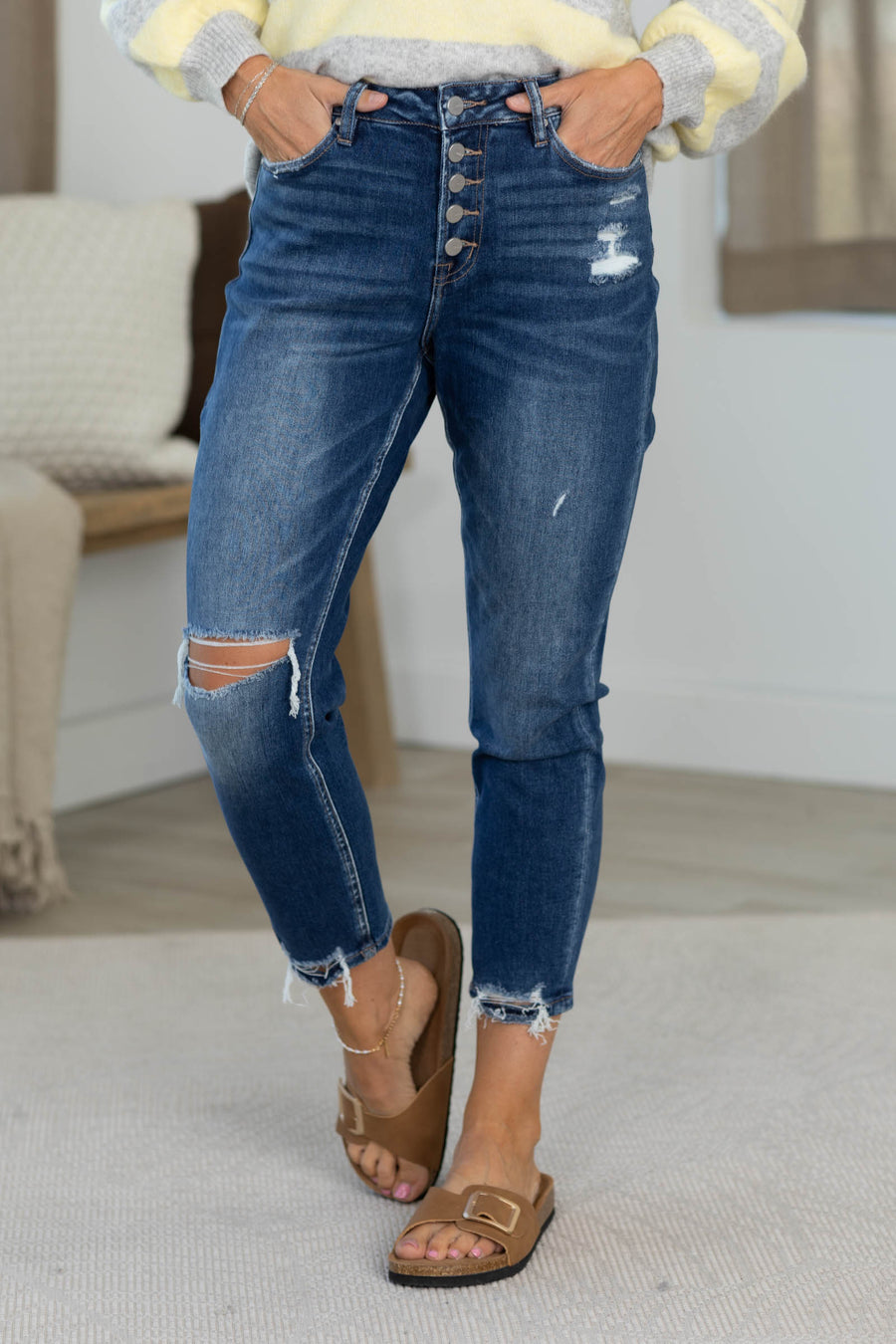 Mica Distress Knee High Rise Mom Jean Button Fly Jean