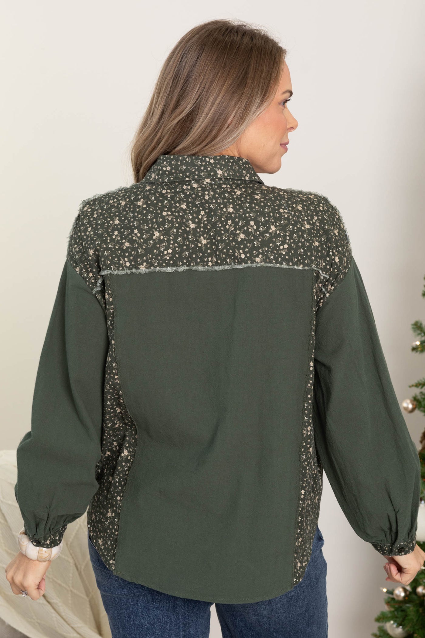 Deep Green Ditsy Floral Mixed Button Down Top
