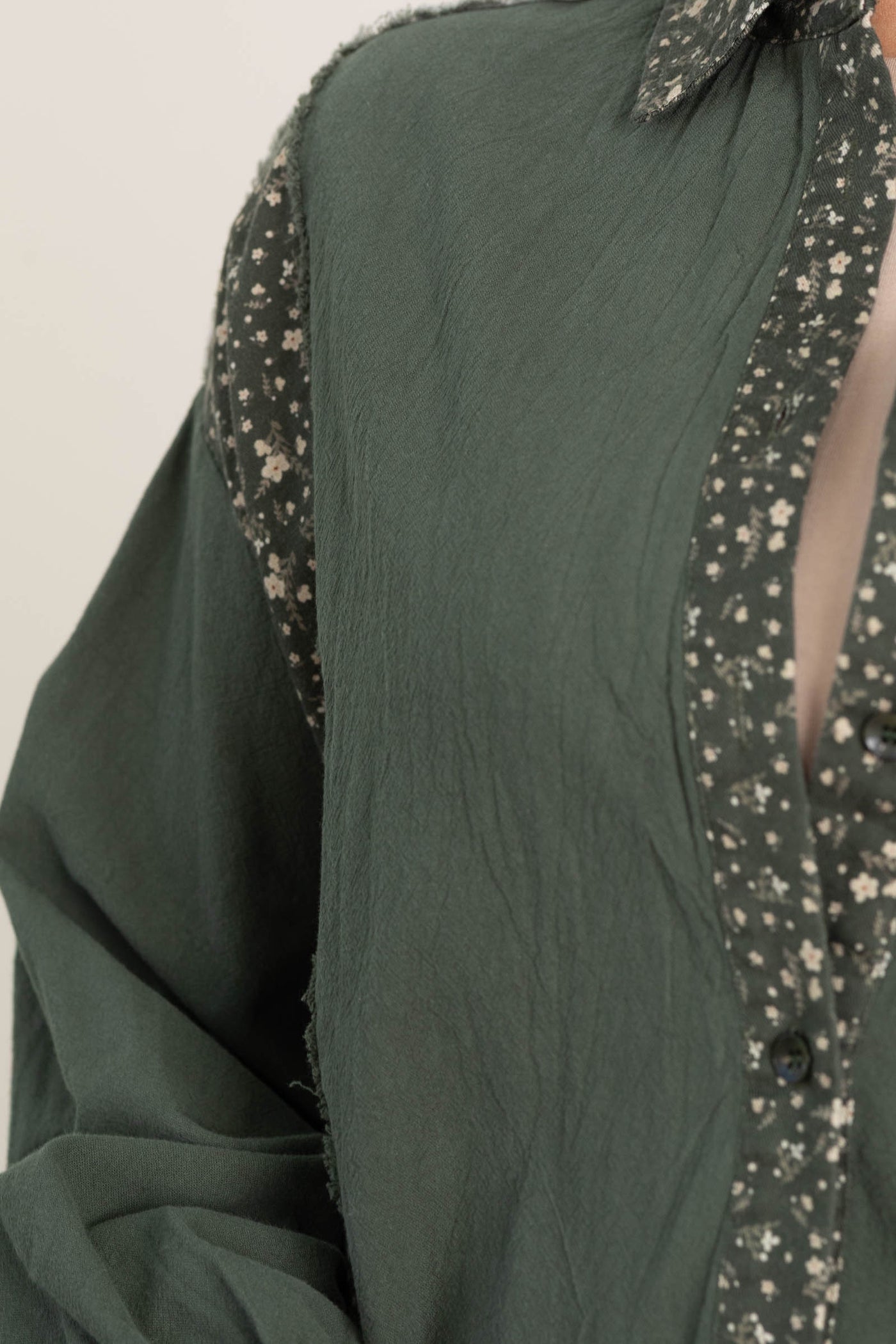 Deep Green Ditsy Floral Mixed Button Down Top