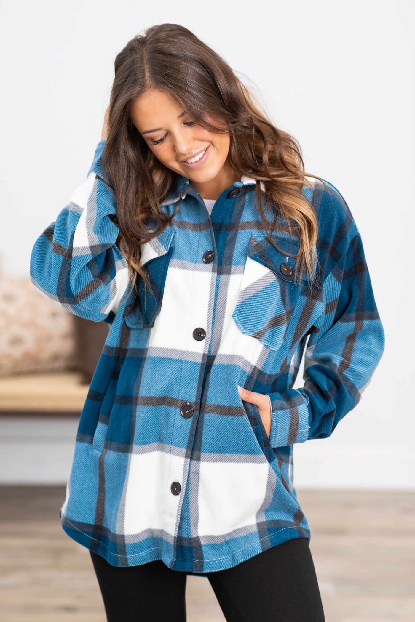 Teal and Off White Plaid Shacket
