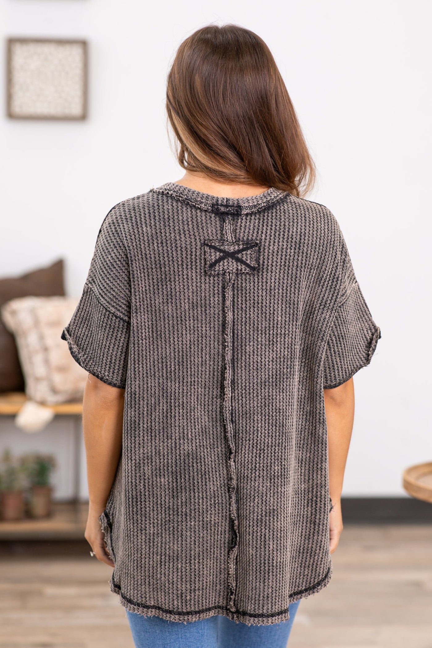 Charcoal Washed Reverse Seam Waffle Knit Top - Filly Flair
