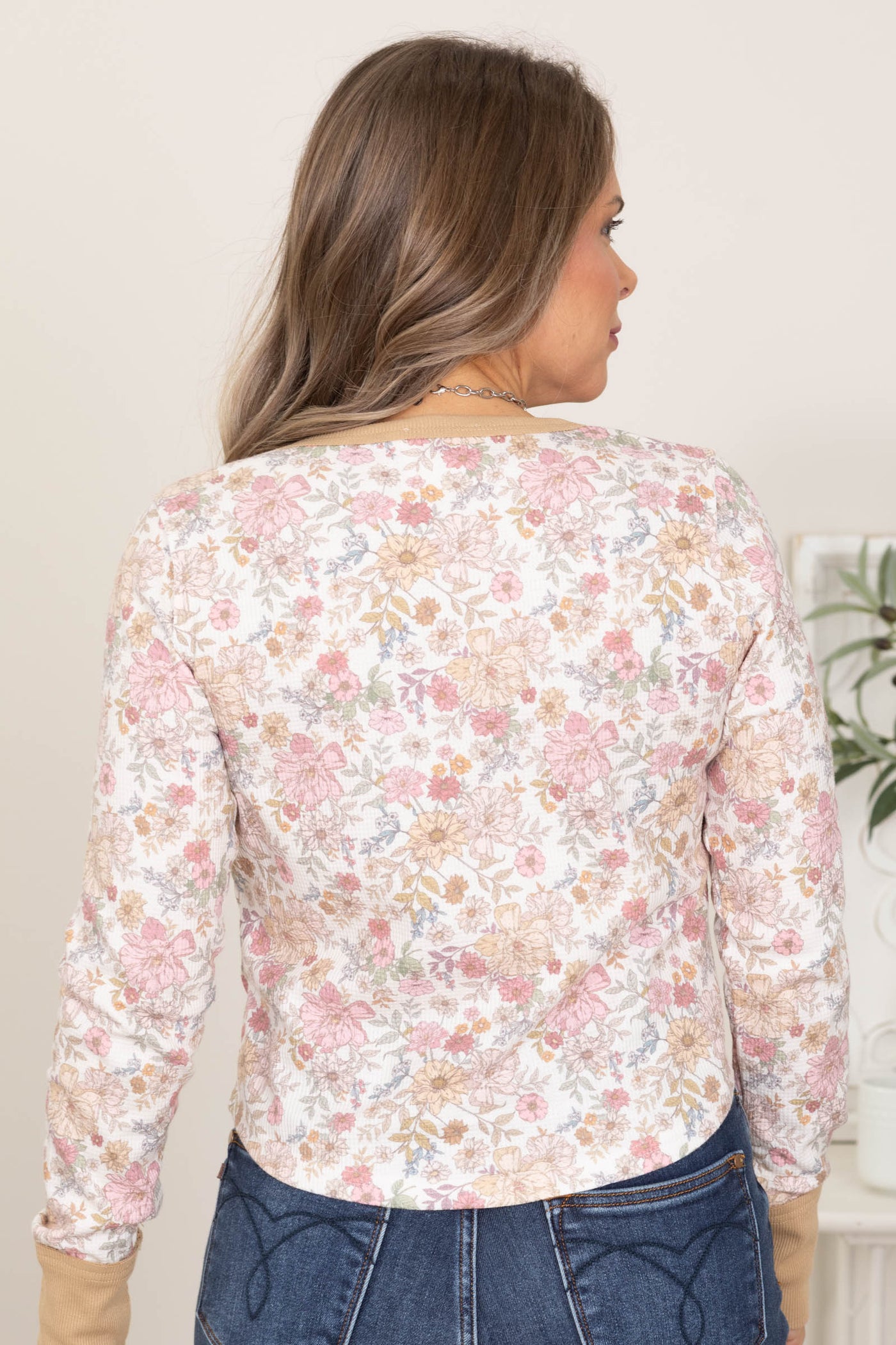 Tan And Ivory Waffle Thumbhole Floral Knit Top