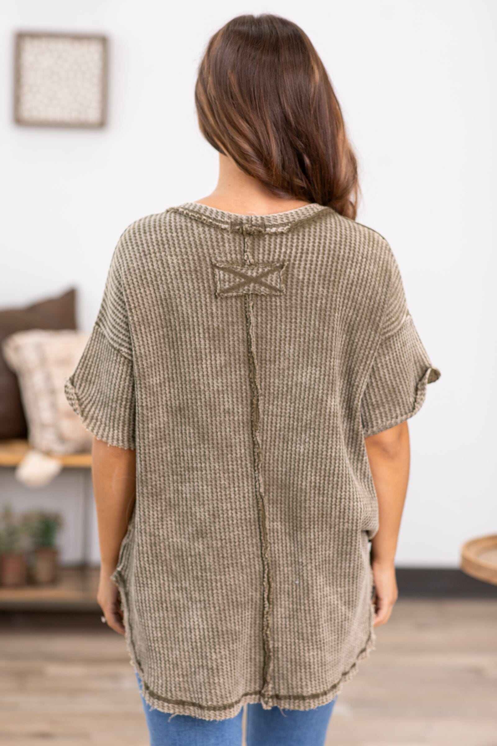 Olive Washed Reverse Seam Waffle Knit Top - Filly Flair